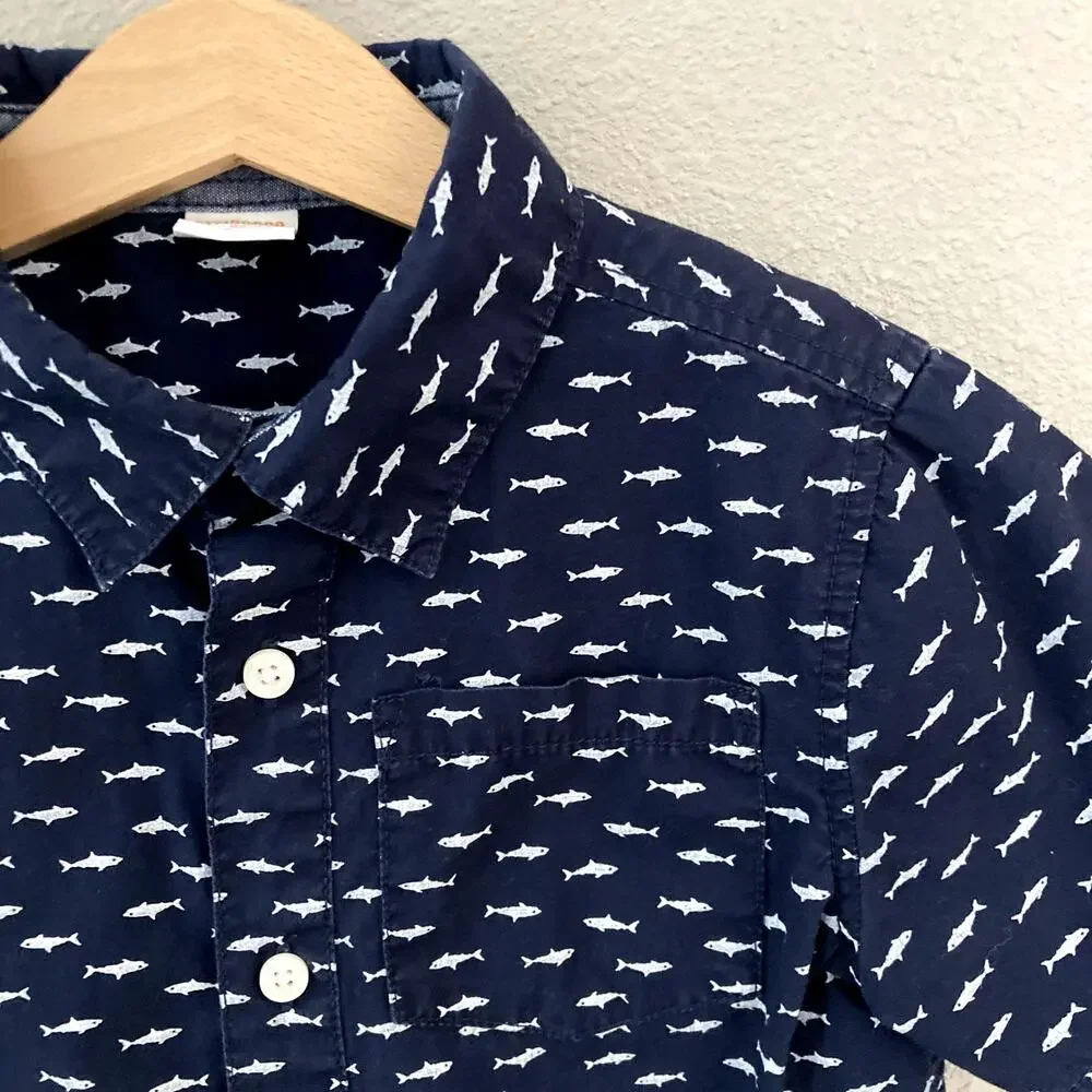 Gymboree Short Sleeve Button Front Oxford - Sharks Fish - Navy Blue - 5T